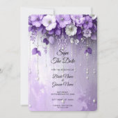 Lila Blumen mit baumelnden Perlen Save The Date (Vorderseite)