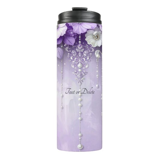 Lila Blumen mit baumelnden Perlen Thermosbecher (Vorderseite)