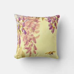 Lila Blumen mit Biene Vintage-Restaurierungskunst Kissen