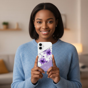 Lila Blumen-Monogramm-Handyhülle für iPhone-Modell iPhone 16 Hülle