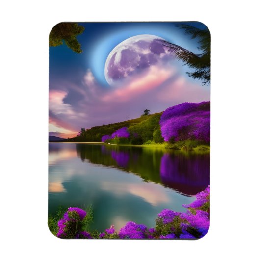 Lila Blumen Moon und Seeblick Magnet (Vertikal)