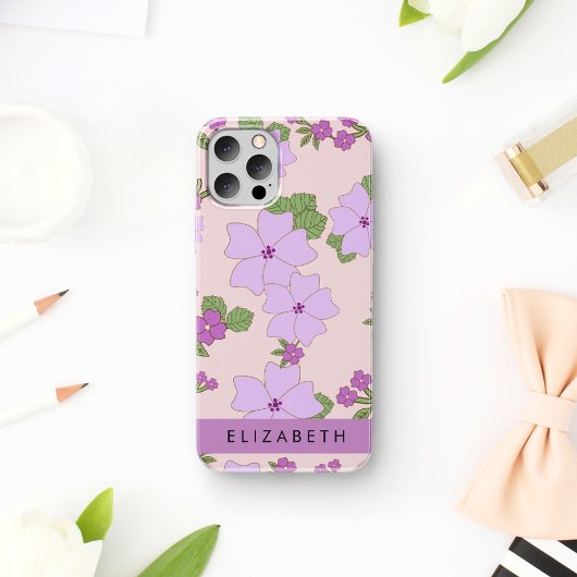 Lila Blumen, Muster von Blume, Ihr Name iPhone 16 Hülle