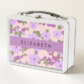 Lila Blumen, Muster von Blume, Ihr Name Metall Brotdose (Vorderseite)