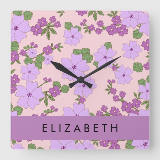 Lila Blumen, Muster von Blume, Ihr Name Quadratische Wanduhr (Vorderseite)