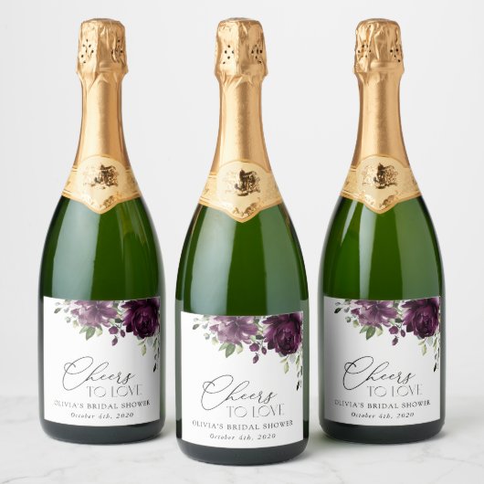 Lila Blumen, Pflaumenblumen, Boho, Brautparty Schaumweinetikett (Flaschen)