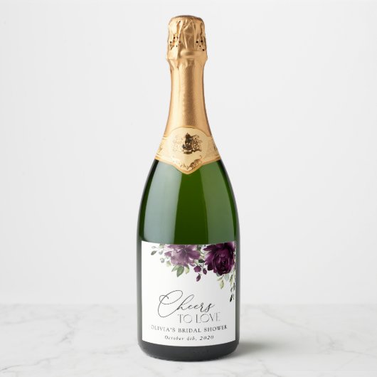 Lila Blumen, Pflaumenblumen, Boho, Brautparty Schaumweinetikett (Vorderseite)