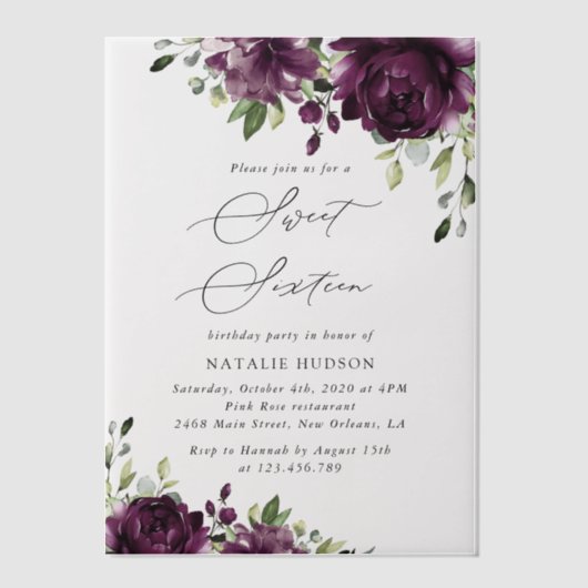Lila Blumen, Pflaumenblumen, Boho, Sweet 16 Pergament Einladungen (Vorderseite)