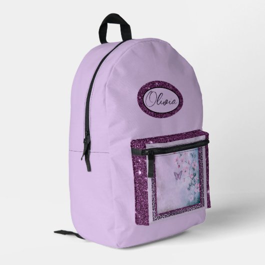 Lila Blumen, Rose, Glitzer Lavendel Rucksack (Rückseitige Ecke links)