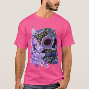 Lila Blumen Schwarz Zucker-Schädel Tag der Toten T-Shirt