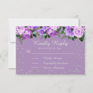 Lila Blumen Silber Glitter Quinceañera RSVP Karte