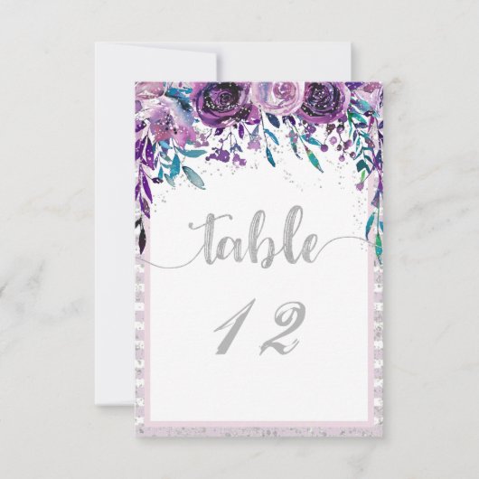 Lila Blumen & Silber Hochzeitstisch Zahlen Einladung (Vorderseite)