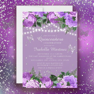 Lila Blumen Silber Schmetterlinge Quinceañera Einladung