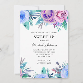 Lila Blumen süß 16. Blauer Blumenstrauß 16. Geburt Einladung