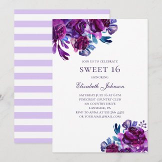 Lila Blumen Sweet 16. Violett Blumengeburtstag Einladung