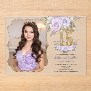 Lila Blumen Sweet Sixteen 16. Geburtstag Foto Acryleinladungen