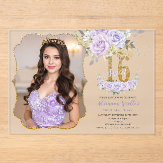 Lila Blumen Sweet Sixteen 16. Geburtstag Foto Acryleinladungen