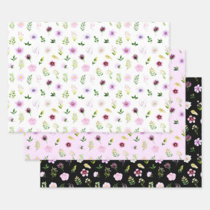 Lila Blumen- und Blattmuster Geschenkpapier Set