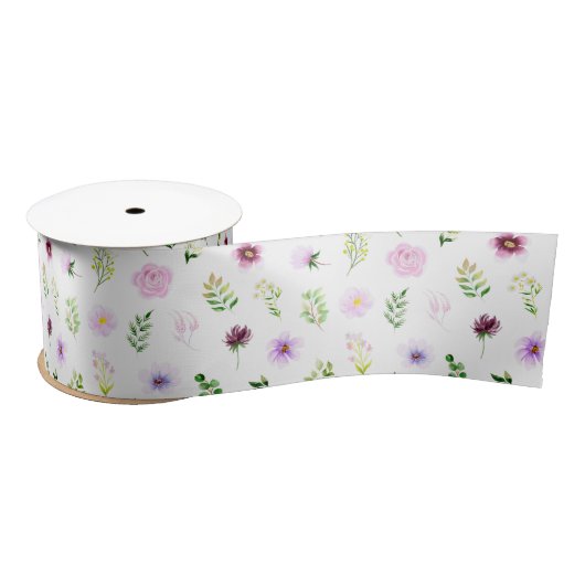 Lila Blumen- und Blattmuster Satinband (Spule)