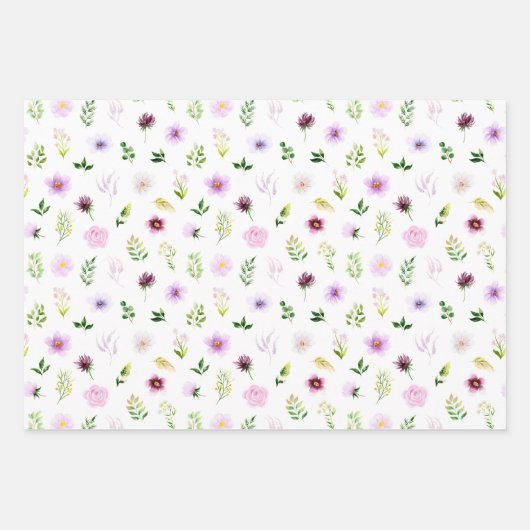 Lila Blumen und Foliage Muster Geschenkpapier Set (Vorderseite)