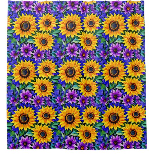 Lila Blumen und gelbe Sonnenblumen Duschvorhang (Vorderseite)