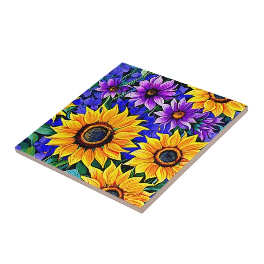 Lila Blumen und gelbe Sonnenblumen Fliese (Seite)