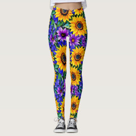 Lila Blumen und gelbe Sonnenblumen Leggings