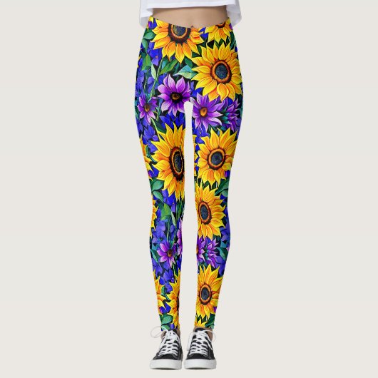 Lila Blumen und gelbe Sonnenblumen Leggings (Vorderseite)