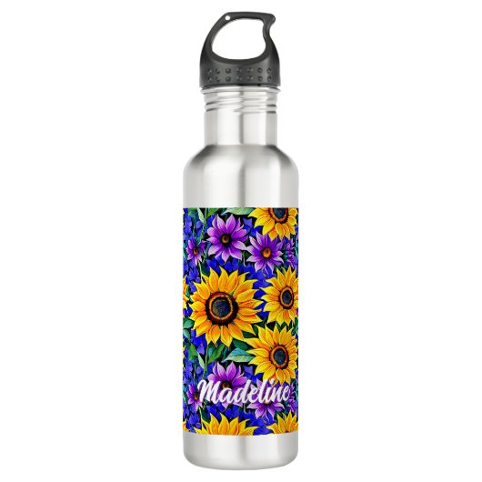 Lila Blumen und gelbe Sonnenblumen Personalisiert Edelstahlflasche (Vorderseite)