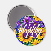 Lila Blumen und gelbe Sonnenblumen Personalisiert Magnet (Vorderseite/Rückseite)