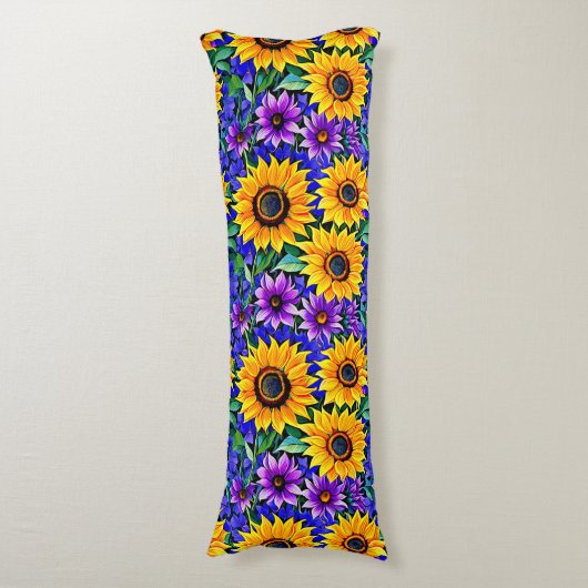 Lila Blumen und gelbe Sonnenblumen Seitenschläferkissen (Vorderseite Vertikal)
