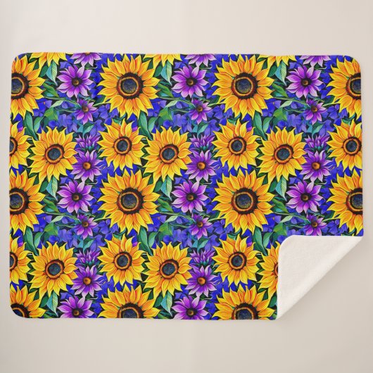 Lila Blumen und gelbe Sonnenblumen Sherpadecke (Vorderseite (Horizontal))