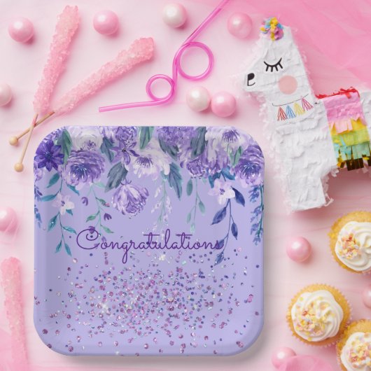 Lila Blumen und Glitzer Papier Teller (Party)