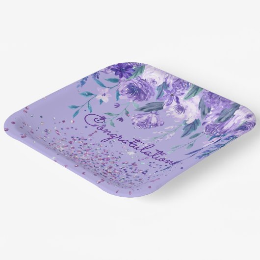 Lila Blumen und Glitzer Papier Teller (Gewinkelt)