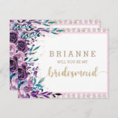 Lila Blumen und Gold werden Sie meine Brautjungfra Einladung (Vorne/Hinten)