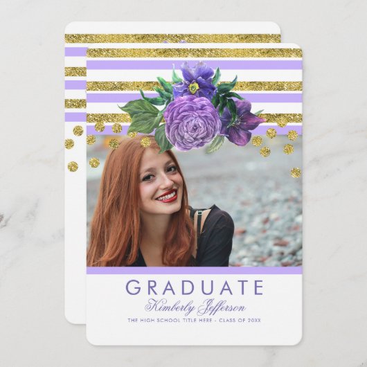 Lila Blumen und goldene Streifen Eleganter Abschlu Einladung (Vorne/Hinten)