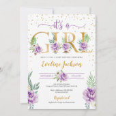 Lila Blumen- und Goldfolie-Brief-Babydusche Einladung (Vorderseite)