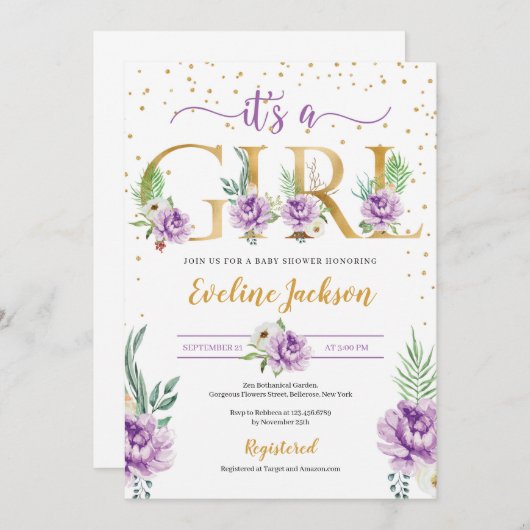 Lila Blumen- und Goldfolie-Brief-Babydusche Einladung (Vorne/Hinten)