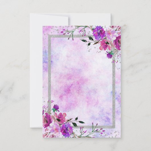 Lila Blumen- und Silber-Rahmen-Hochzeitsempfang Einladung (Rückseite)