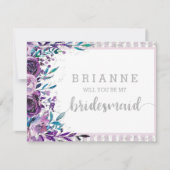 Lila Blumen und Silber werden Sie meine Brautjungf Einladung (Vorderseite)