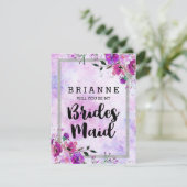 Lila Blumen und Silber werden Sie meine Brautjungf Einladung (Stehend Vorderseite)