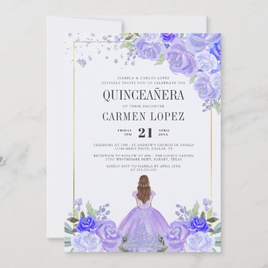 Lila Blumen und Silberprinzessin Tiara Quinceañera Einladung (Vorderseite)