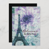 lila Blumen-Vintager Pariser Eiffelturm Einladung (Vorne/Hinten)