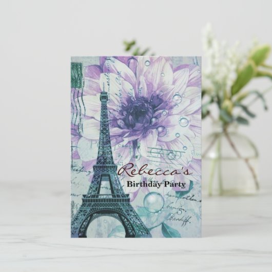 lila Blumen-Vintager Pariser Eiffelturm Einladung (Stehend Vorderseite)