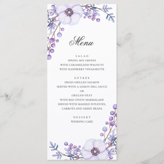 Lila Blumen. Violett-Hochzeitsessen Menükarte (Vorderseite)