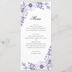 Lila Blumen. Violett-Hochzeitsessen Menükarte
