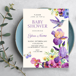Lila Blumen-Vogel-Kunst elegante Babyparty Einladung
