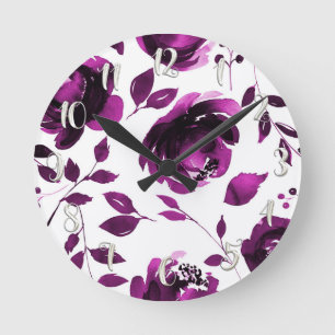 Lila Blumen Wasserfarbe Blumen Elegant Chic Runde Wanduhr