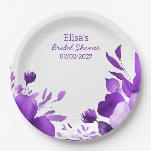 Lila Blumen Wasserfarben-benutzerdefiniertes Braut Pappteller (Vorderseite)