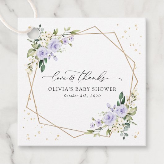 Lila Blumen, weiße Blume, Boho, Babydusche Geschenkanhänger (Vorderseite)