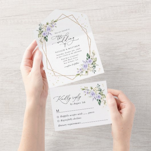 Lila Blumen, weiße Blume, Boho, Hochzeit All In One Einladung (Abreißen)